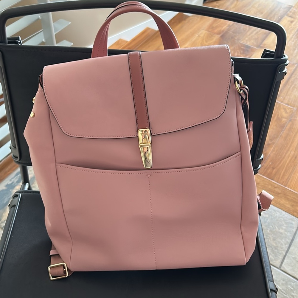 NWOT TUMI Pink and Brown Leather Backpack with Gold Clasp - Picture 6 of 12